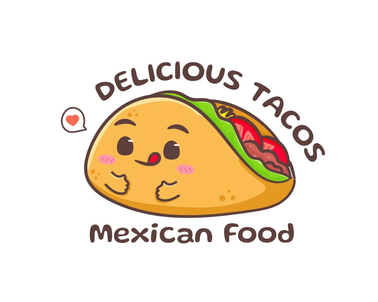 Taco with meat and vegetable. Traditional Latin American Mexican fast-food. Tacos logo icon sticker food concept. Vintage retro flat cartoon style. vector