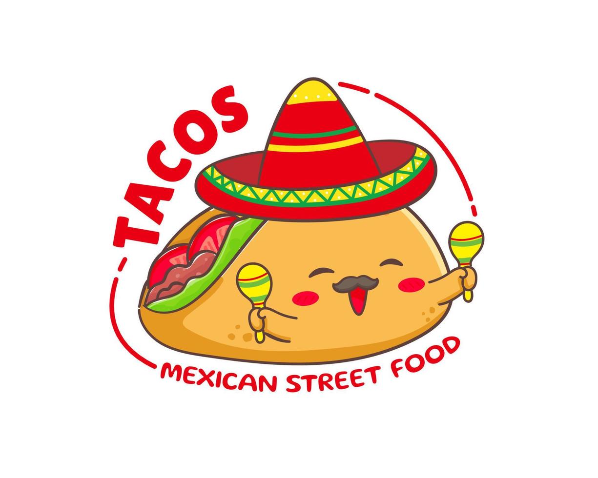 Taco with meat and vegetable, maracas and sombrero. Traditional Latin American Mexican fast-food. Tacos logo icon sticker food concept. Vintage retro flat cartoon style. Cinco de mayo vector