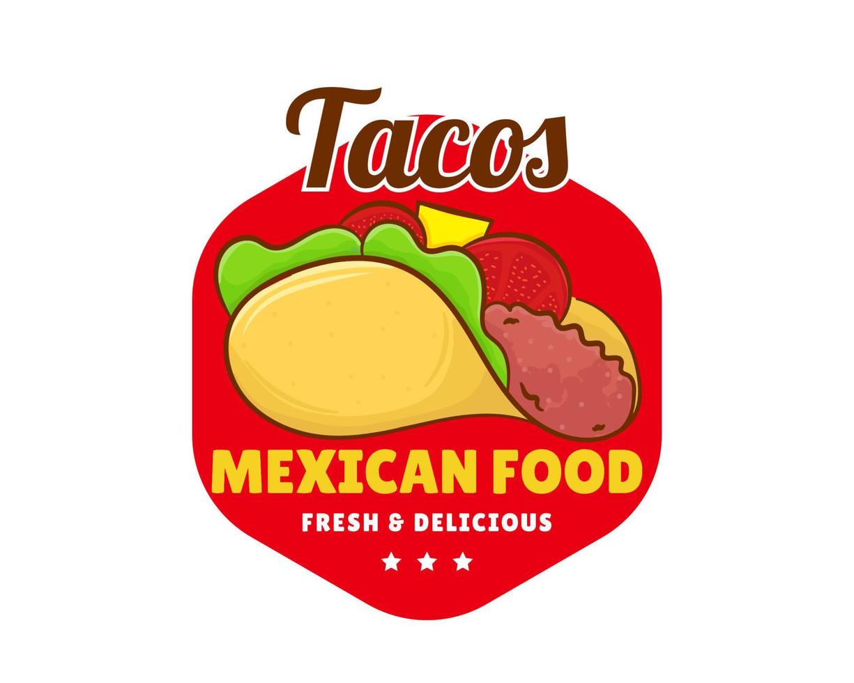 Taco with meat and vegetable. Traditional Latin American Mexican fast-food. Tacos logo icon sticker food concept. Vintage retro flat cartoon style. vector