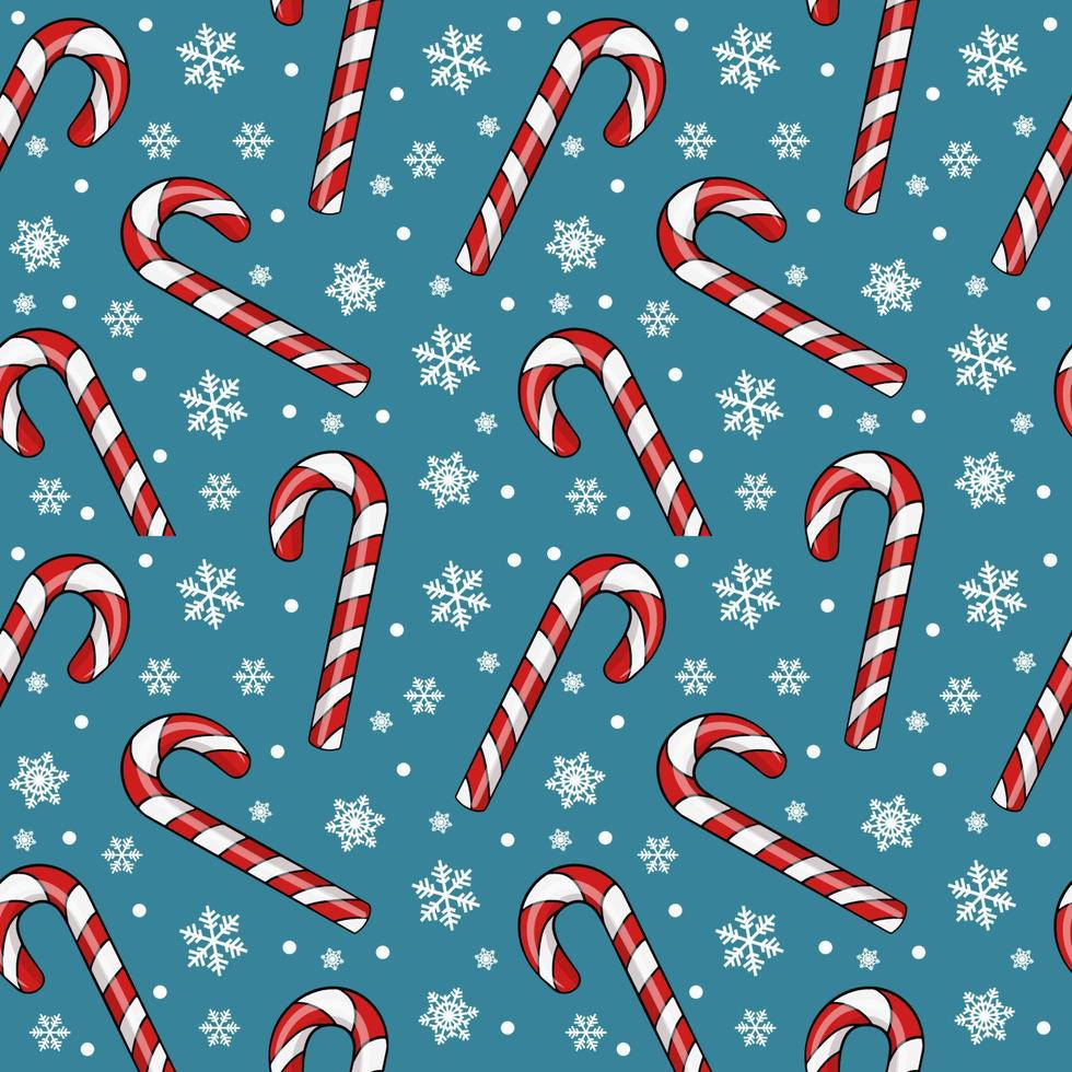 patrón impecable con caramelo de bastón de caramelo de navidad y copos de nieve, fondo interminable, textura repetitiva vector