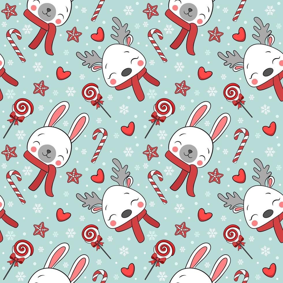 Cute Christmas seamless pattern with bunny and deer. Vector repeating background