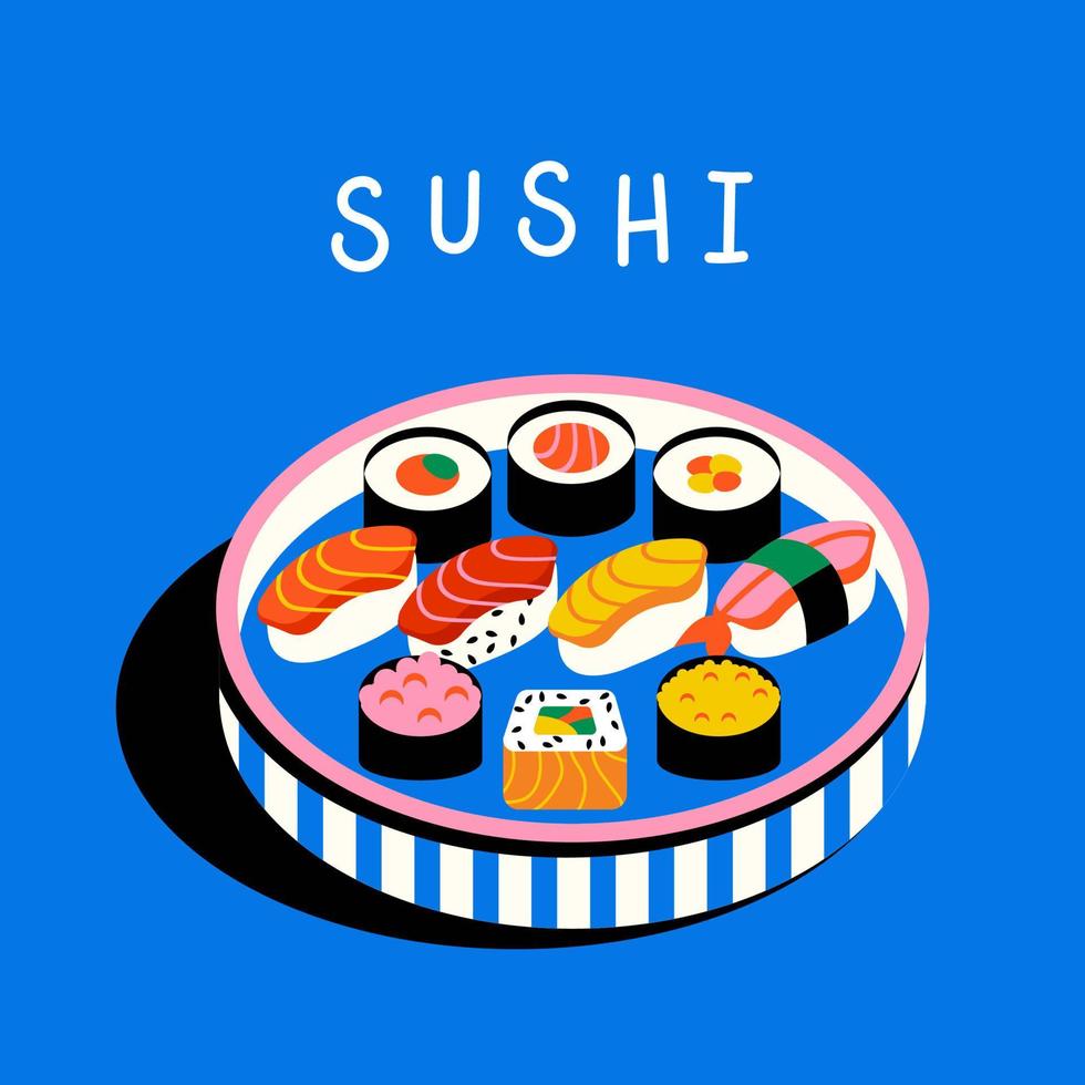 comida tradicional de sushi asiático. sashimi, rollos, en un plato. vector