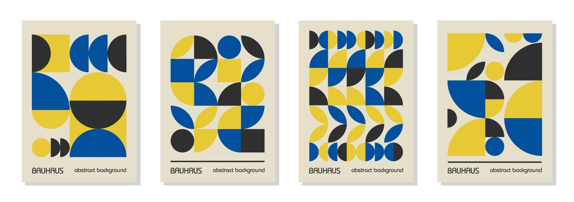 conjunto de 4 afiches de diseño geométrico mínimo de los años 20, arte mural, plantilla, diseño con elementos de formas primitivas. Fondo de vector de patrón retro bauhaus, colores de bandera ucraniana azul, amarillo y negro