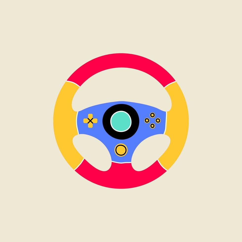 Gaming equipment in flat line style. Hand drawn graphic racing steering wheel, E-sports or mind sport symbol. Game controller vector Illustration for decoration, logo, sticker, icon.