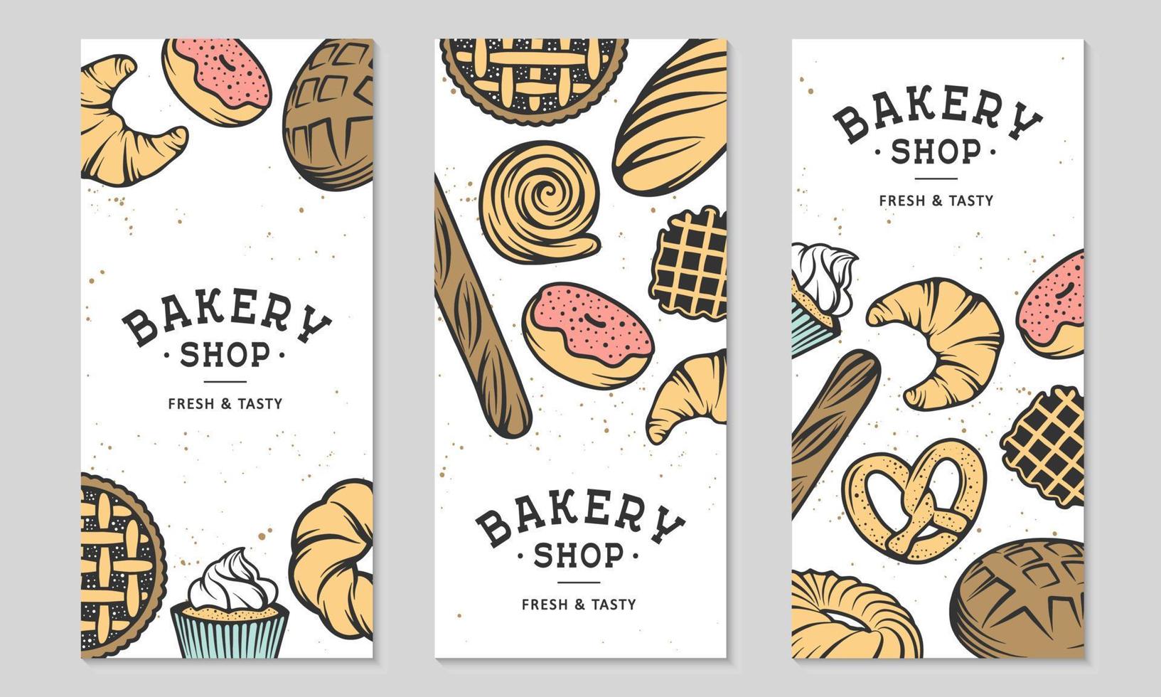 conjunto de 3 folletos o folletos de panadería. diseño publicitario tipográfico con pan, pastelería, pastel, bollos, dulces, quequitos. colección de plantilla de banner vertical de diseño gráfico lineal moderno. Pasteleria. vector