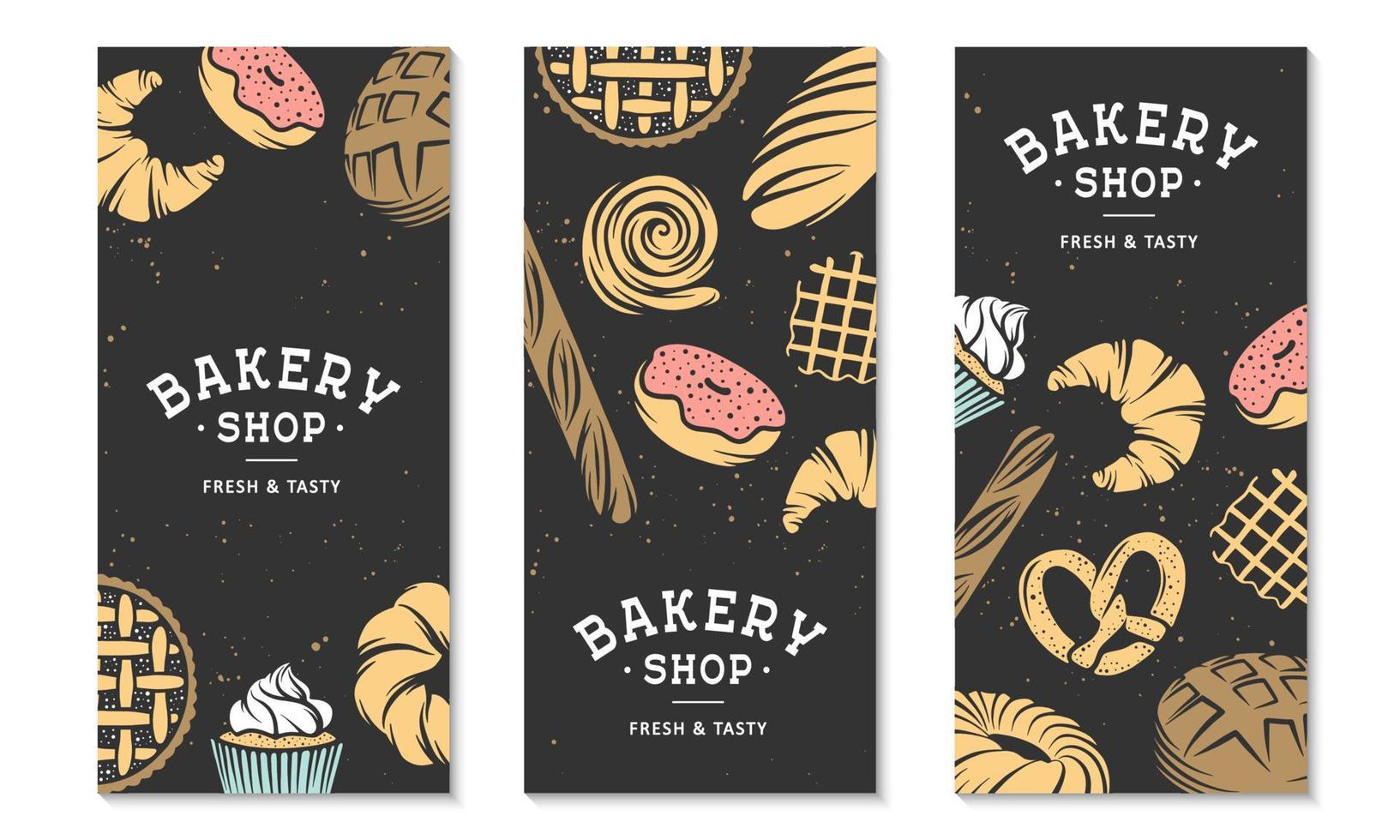 Set of 3 bakery flyers or brochure. Typography advertising design with bread, pastry, pie, buns, sweets, cupcake. Collection of modern linear graphic design vertical banner template. Bakery shop. vector