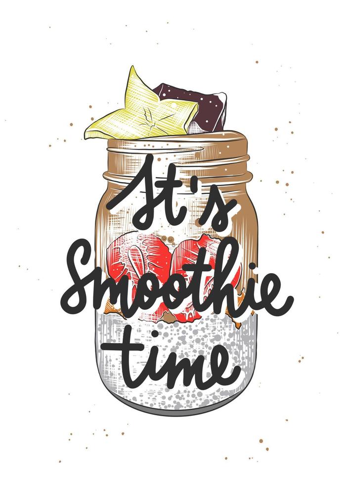 Vector engraved style smoothie jar illustration for posters, decoration, logo and print. Hand drawn sketch with lettering on white background. It's smoothie time. Detailed vintage drawing.