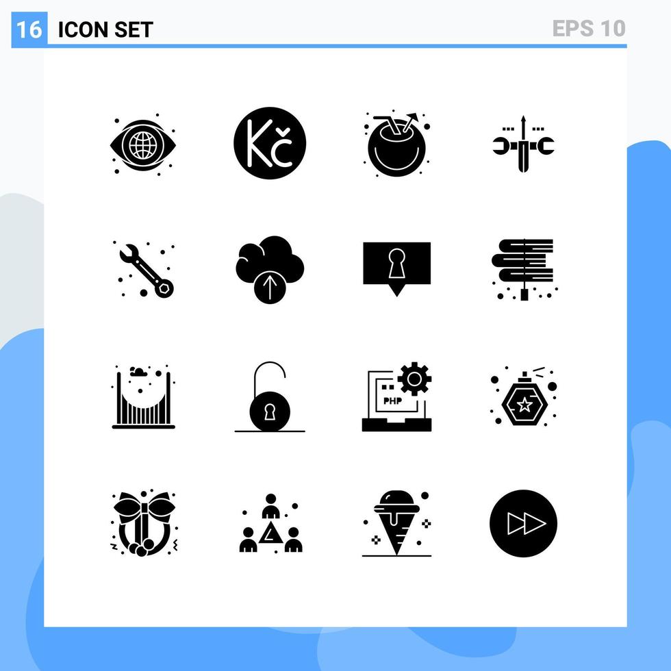 Set of 16 Vector Solid Glyphs on Grid for support customer coconut toolings computing Editable Vector Design Elements