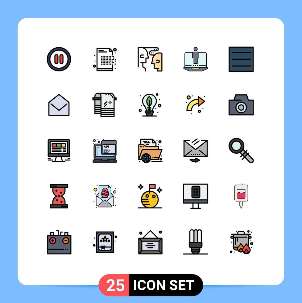 Modern Set of 25 Filled line Flat Colors Pictograph of menu service brain hardware laptop Editable Vector Design Elements