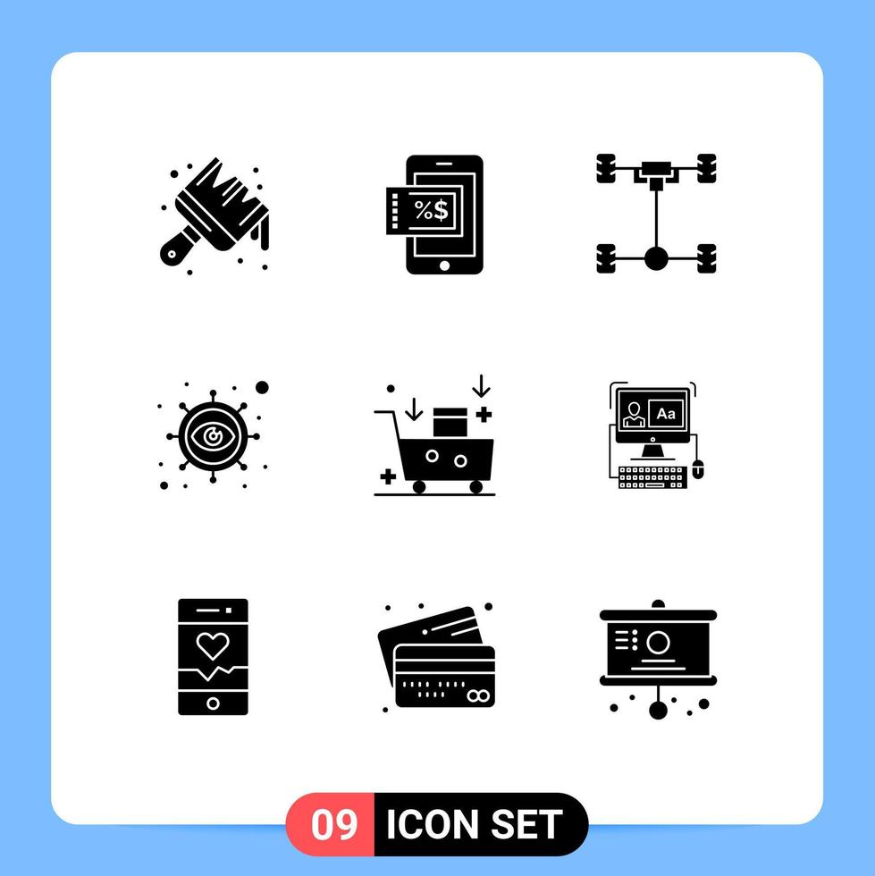 Universal Icon Symbols Group of 9 Modern Solid Glyphs of email marketing email advertising car vision eye Editable Vector Design Elements
