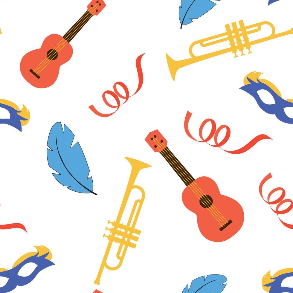 ukelele de patrón de carnaval sin fisuras, trompeta, máscara, plumas. ilustración vectorial vector