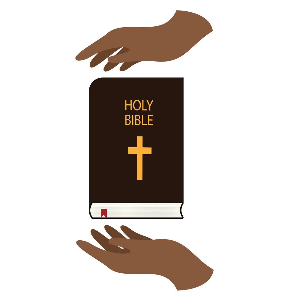 Two African hands protect holy bible. Vector illustration.