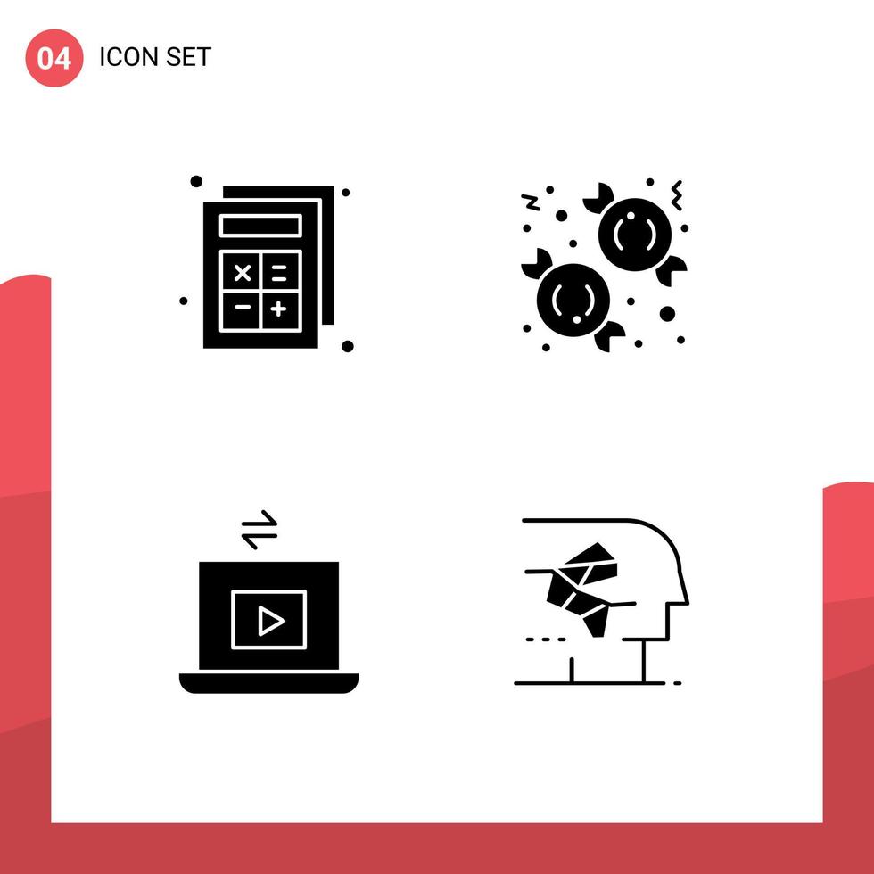 Pack of 4 Modern Solid Glyphs Signs and Symbols for Web Print Media such as add video interaction dessert play Editable Vector Design Elements