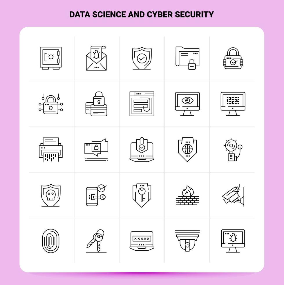 esquema 25 conjunto de iconos de ciencia de datos y seguridad cibernética diseño de estilo de línea vectorial conjunto de iconos negros paquete de pictogramas lineales diseño de ideas de negocios web y móviles ilustración vectorial vector