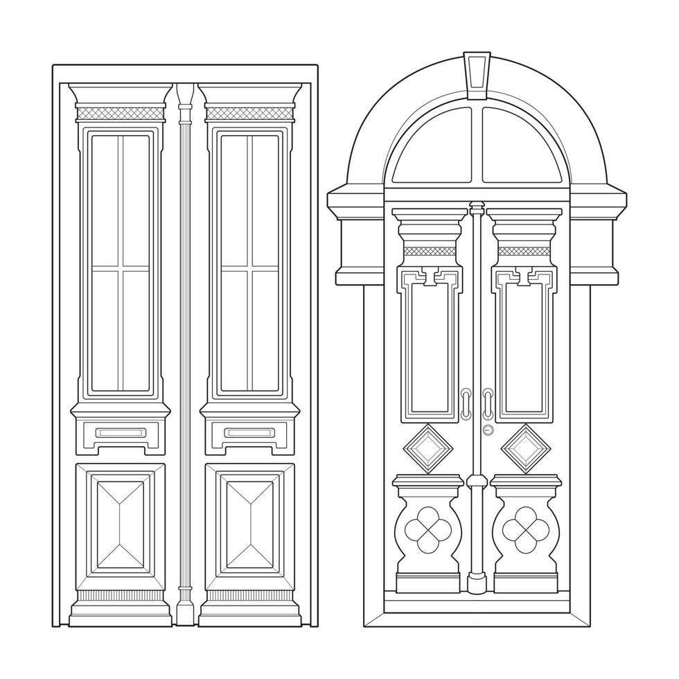 Set of old door  line vector art.  Old door isolated on white background. old door in line art style vector. for coloring book