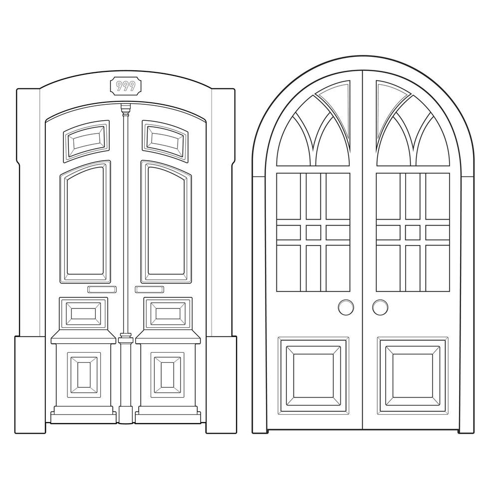 Set of old door  line vector art.  Old door isolated on white background. old door in line art style vector. for coloring book