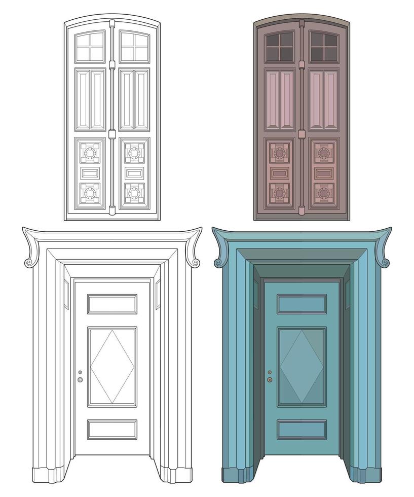 conjunto de arte vectorial de puerta antigua. puerta antigua aislada sobre fondo blanco. puerta antigua en vector de estilo de arte de línea. para colorear libro