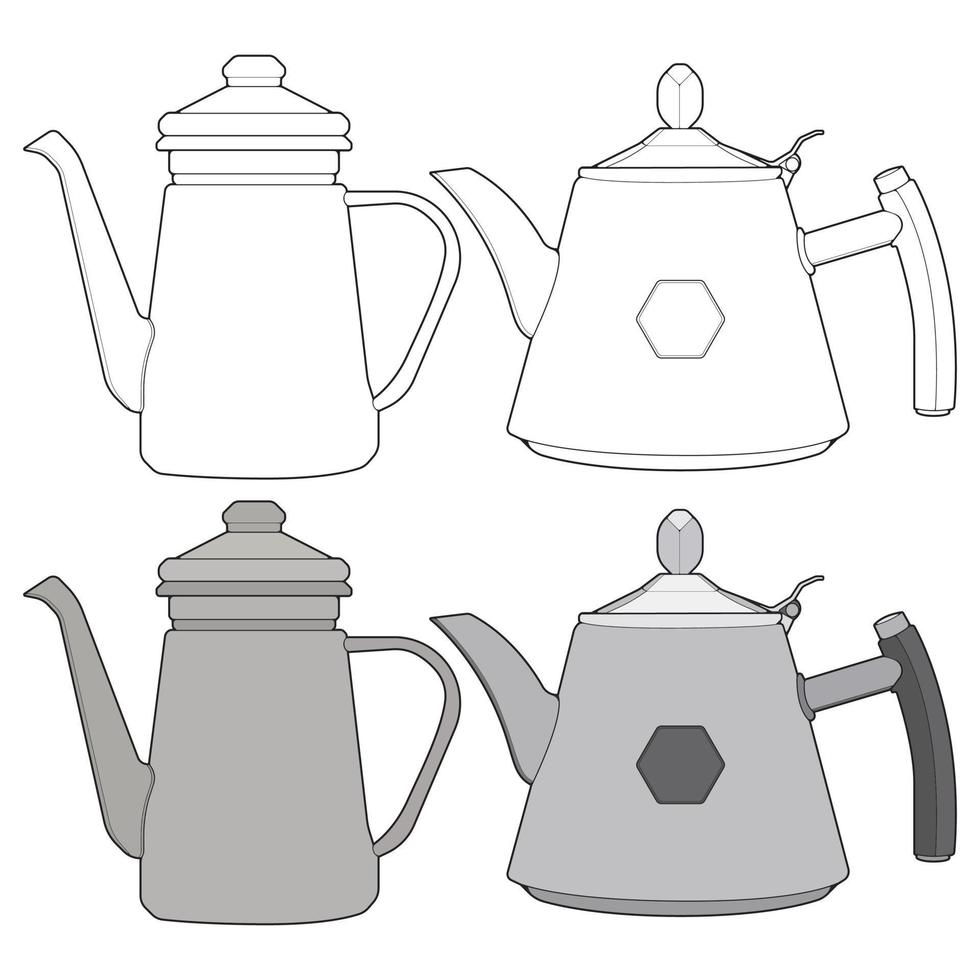 Set off Kettle vector art. Teapot tamplate. Kettle with handle isolated on white background. Kettle in line art style vector for coloring book.