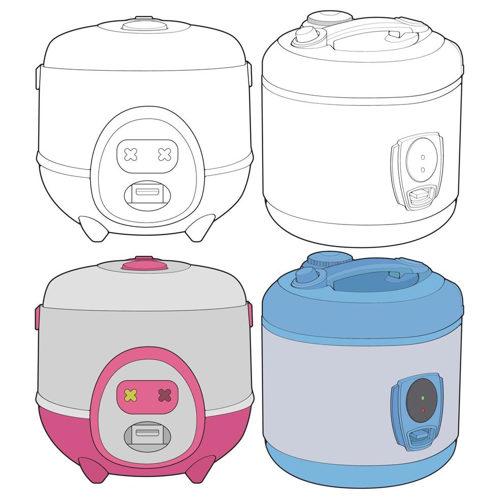 Set of Rice cooker, Magic jar, Illustration vector, Hand drawn art vector for coloring book.