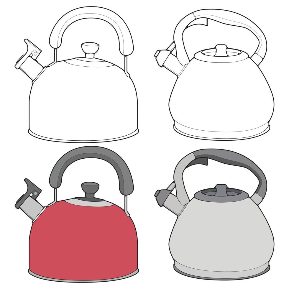 Set off Kettle vector art. Teapot tamplate. Kettle with handle isolated on white background. Kettle in line art style vector for coloring book.