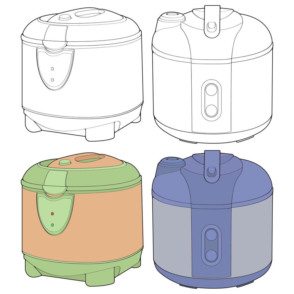 Set of Rice cooker, Magic jar, Illustration vector, Hand drawn art vector for coloring book.