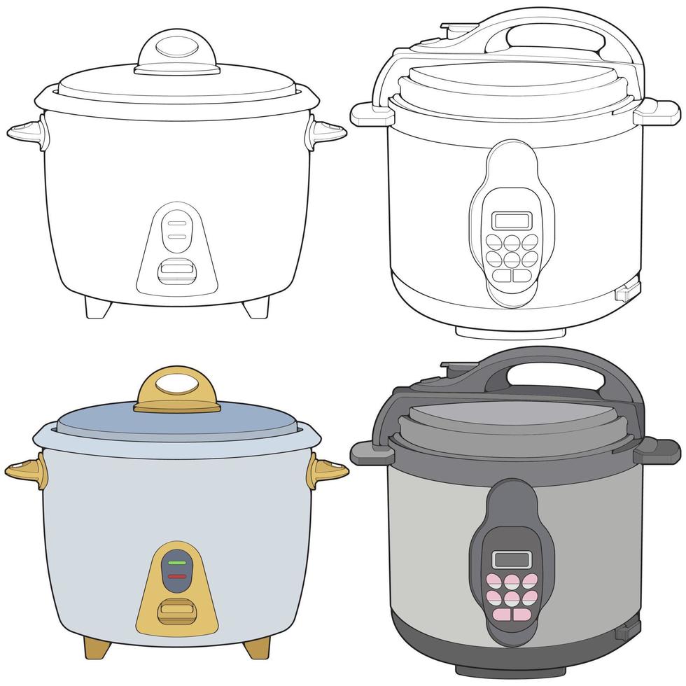 Set of Rice cooker, Magic jar, Illustration vector, Hand drawn art vector for coloring book.