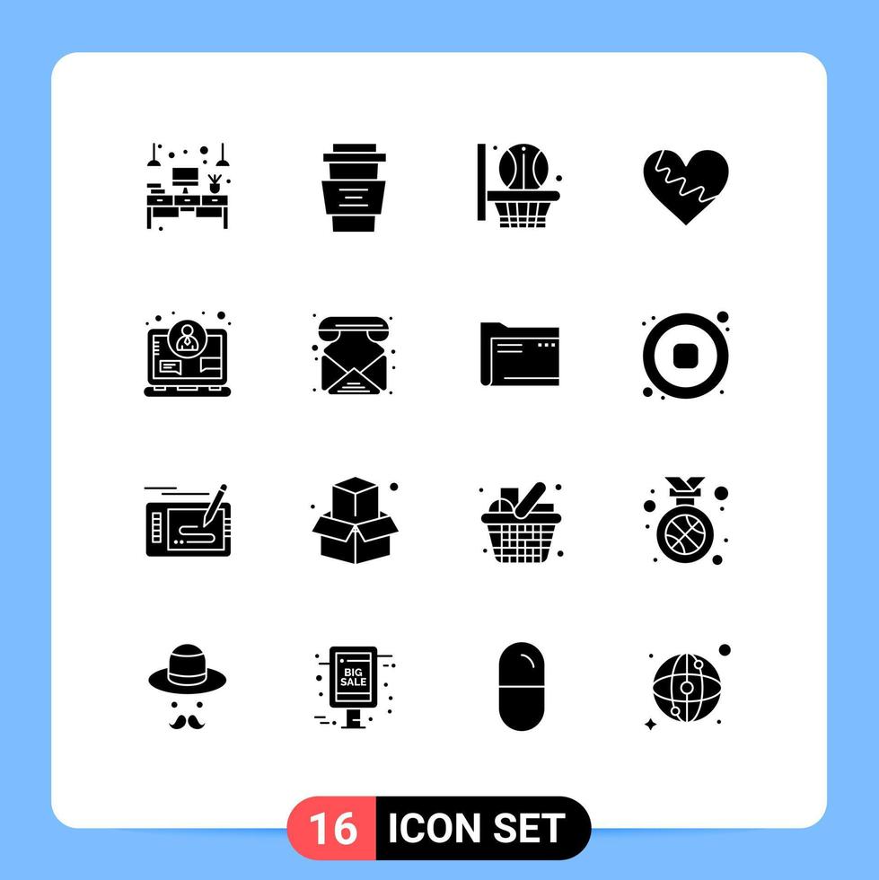 Pack of 16 creative Solid Glyphs of gift like cup love sport Editable Vector Design Elements