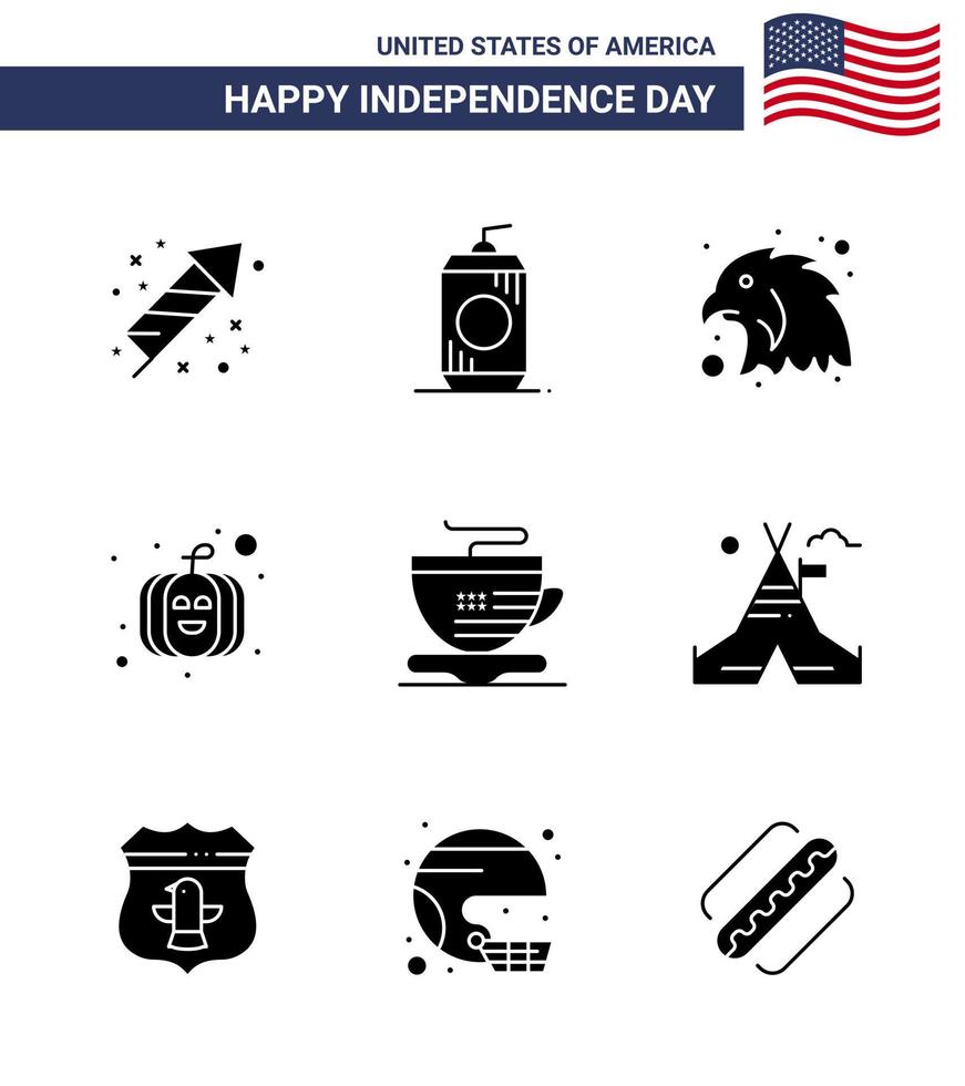Stock Vector Icon Pack of American Day 9 Line Signs and Symbols for tent free cup animal tea pumpkin Editable USA Day Vector Design Elements