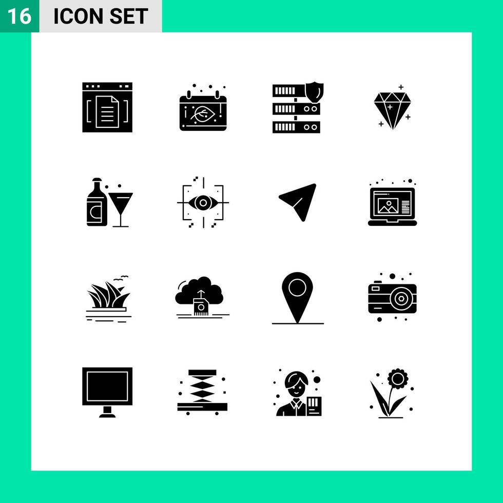 Mobile Interface Solid Glyph Set of 16 Pictograms of wine sucess thanksgiving crystal security Editable Vector Design Elements