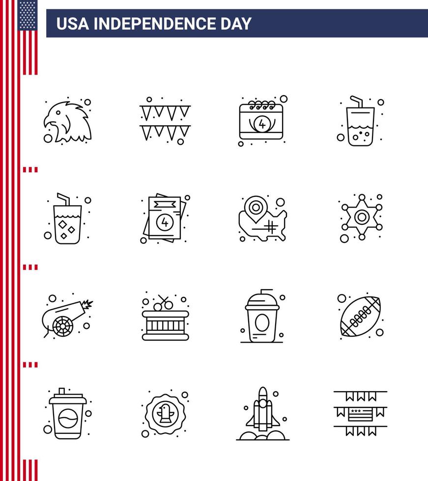 Pack of 16 creative USA Independence Day related Lines of wine drink date alcohol summer Editable USA Day Vector Design Elements