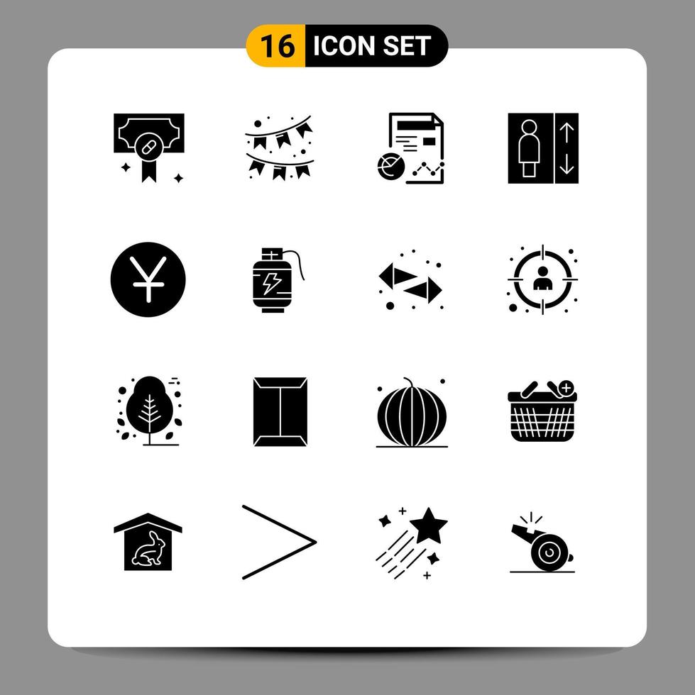 16 Universal Solid Glyph Signs Symbols of yen yuan chart lift elevator Editable Vector Design Elements