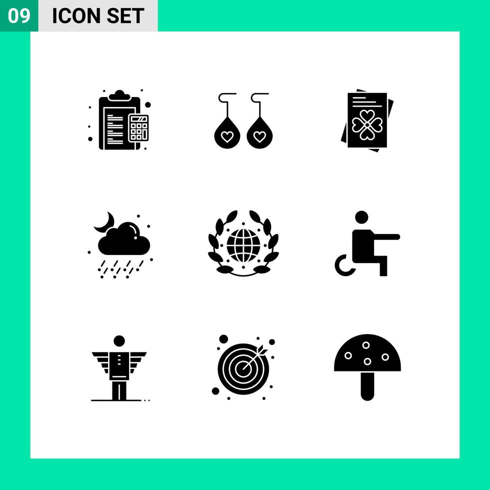 Group of 9 Modern Solid Glyphs Set for day earth passport moon rain Editable Vector Design Elements