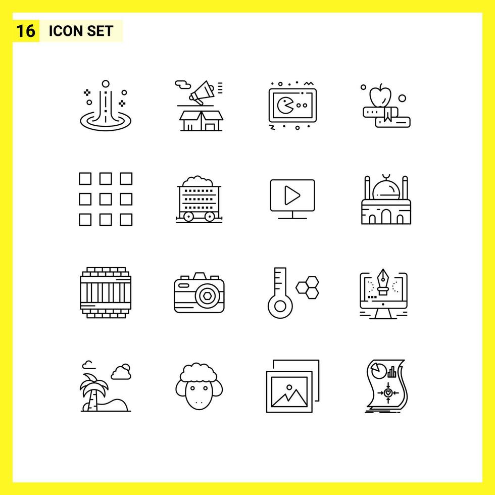 paquete de iconos vectoriales de stock de 16 signos de línea y símbolos para botones libro abierto apple gamepad elementos de diseño vectorial editables vector