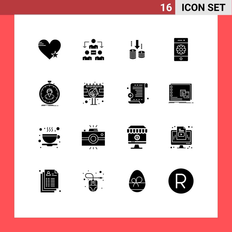 Set of 16 Commercial Solid Glyphs pack for smartphone phone communication communications analysis Editable Vector Design Elements