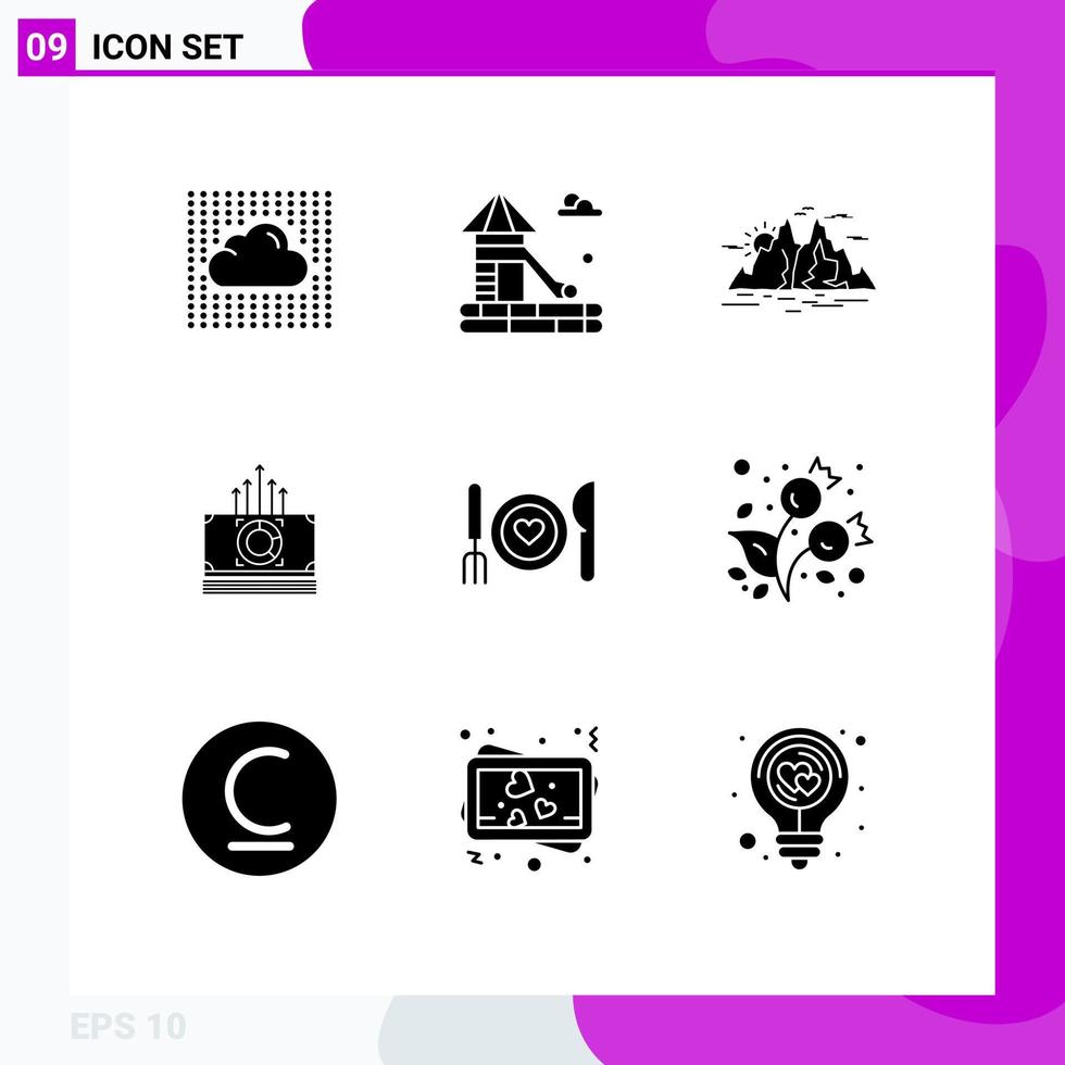 Modern Set of 9 Solid Glyphs Pictograph of dinner bucks nature bundle water Editable Vector Design Elements