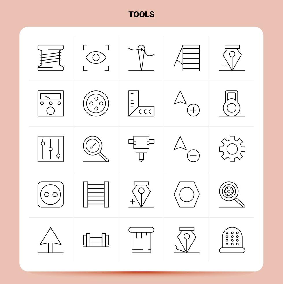 OutLine 25 Tools Icon set Vector Line Style Design Black Icons Set Linear pictogram pack Web and Mobile Business ideas design Vector Illustration