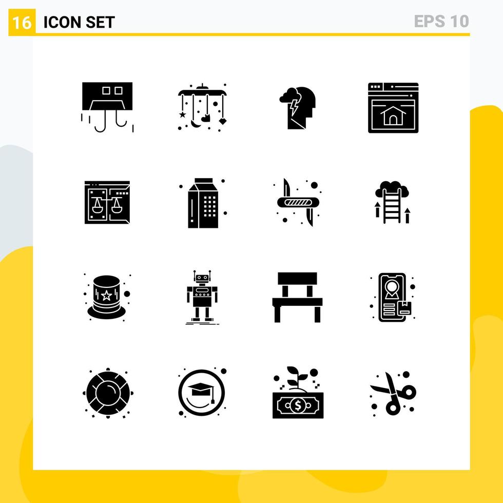 Pack of 16 Modern Solid Glyphs Signs and Symbols for Web Print Media such as copyright home page energy webpage seo Editable Vector Design Elements