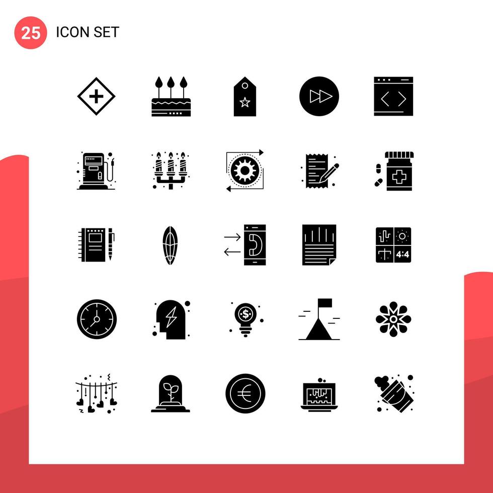 Pack of 25 creative Solid Glyphs of next circle holiday tag rank Editable Vector Design Elements