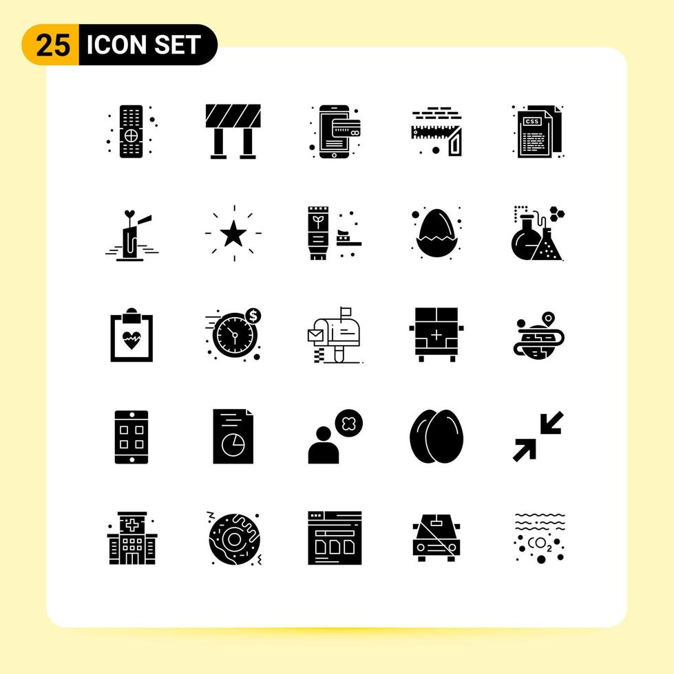25 User Interface Solid Glyph Pack of modern Signs and Symbols of love style measurement web code Editable Vector Design Elements