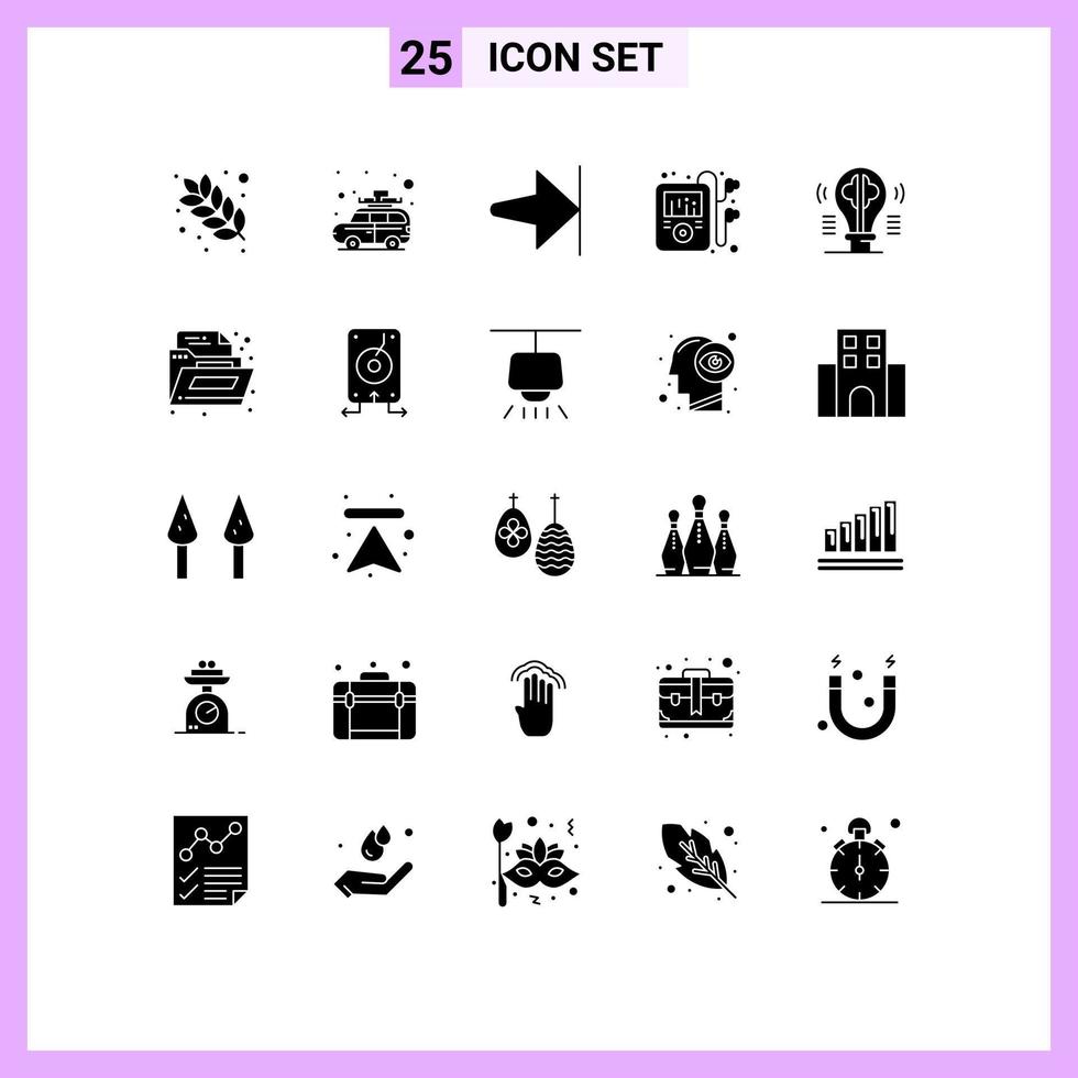 25 User Interface Solid Glyph Pack of modern Signs and Symbols of idea bulb arrow brain music Editable Vector Design Elements
