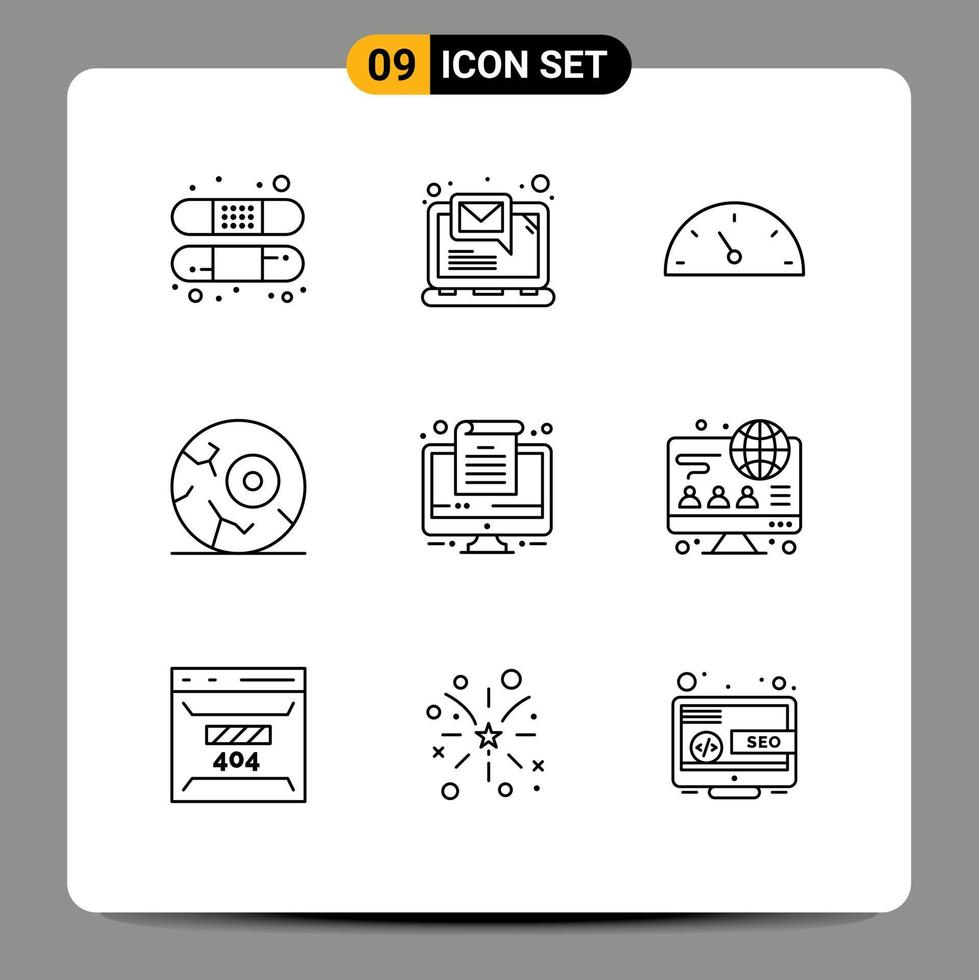 Modern Set of 9 Outlines Pictograph of office computer gauge space moon Editable Vector Design Elements