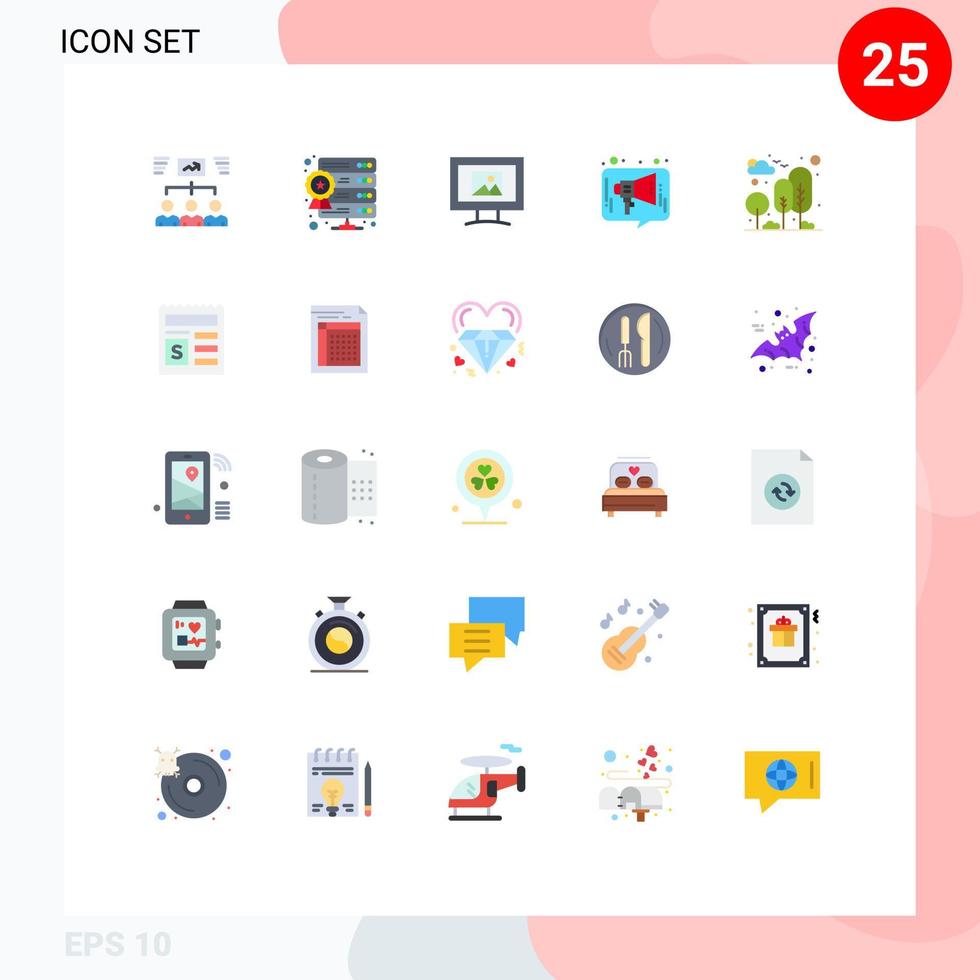 grupo de símbolos de iconos universales de 25 colores planos modernos de alojamiento web de medios de la ciudad elementos de diseño de vectores editables de chat de marketing