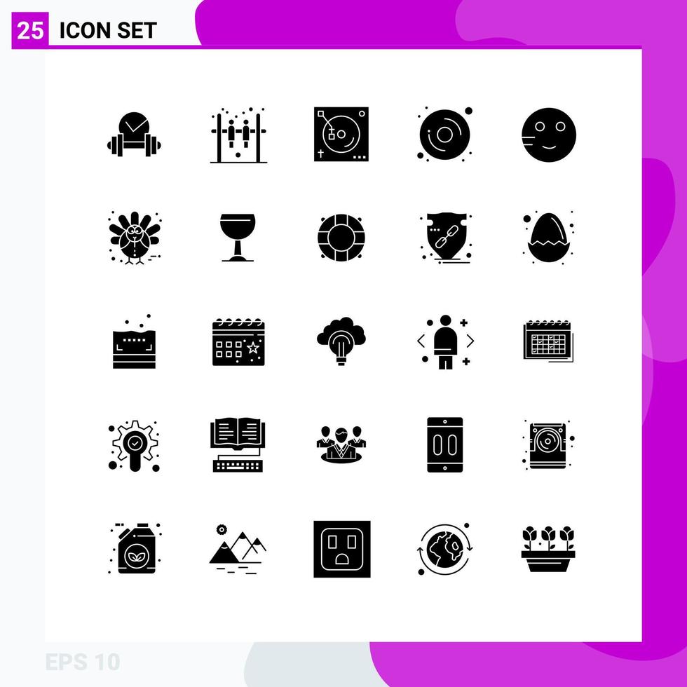 Set of 25 Commercial Solid Glyphs pack for study emojis music embarrassed disk Editable Vector Design Elements