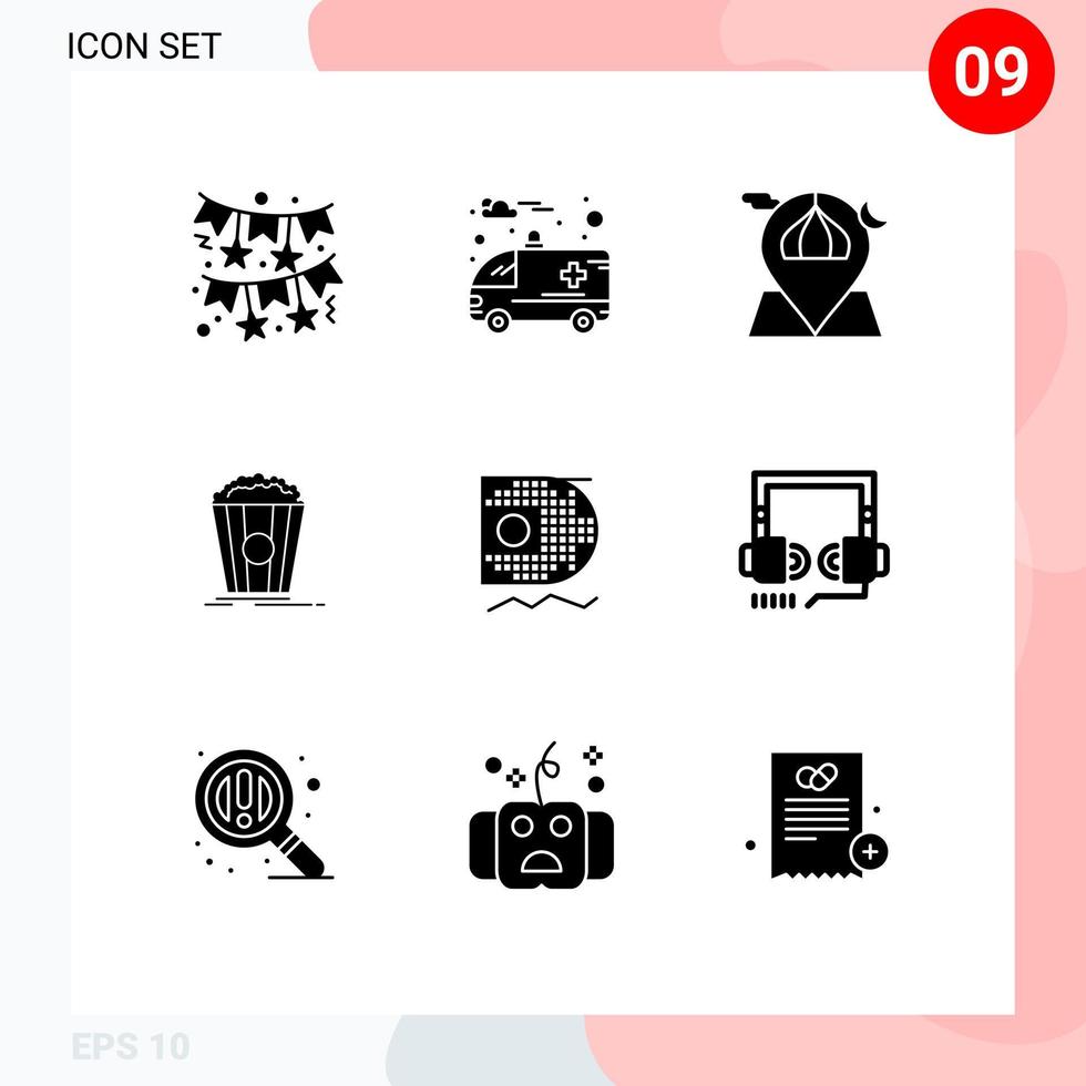 Set of 9 Commercial Solid Glyphs pack for scince snack location movie popcorn Editable Vector Design Elements