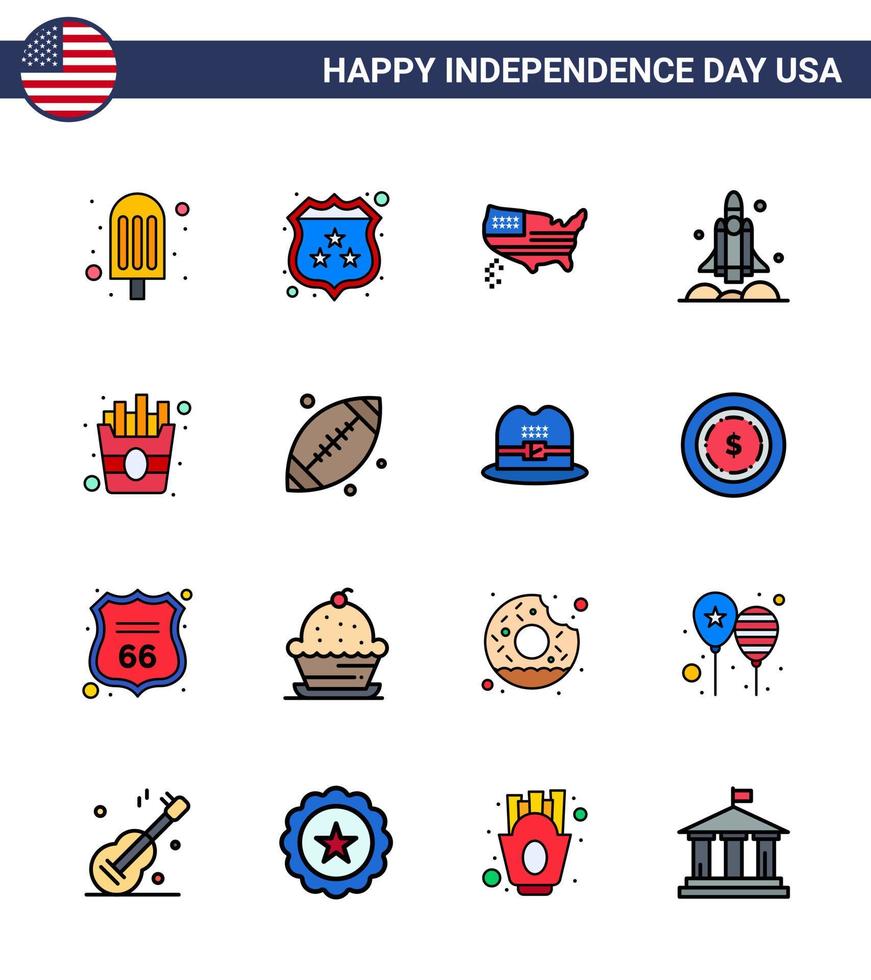 Group of 16 Flat Filled Lines Set for Independence day of United States of America such as food usa map transport rocket Editable USA Day Vector Design Elements