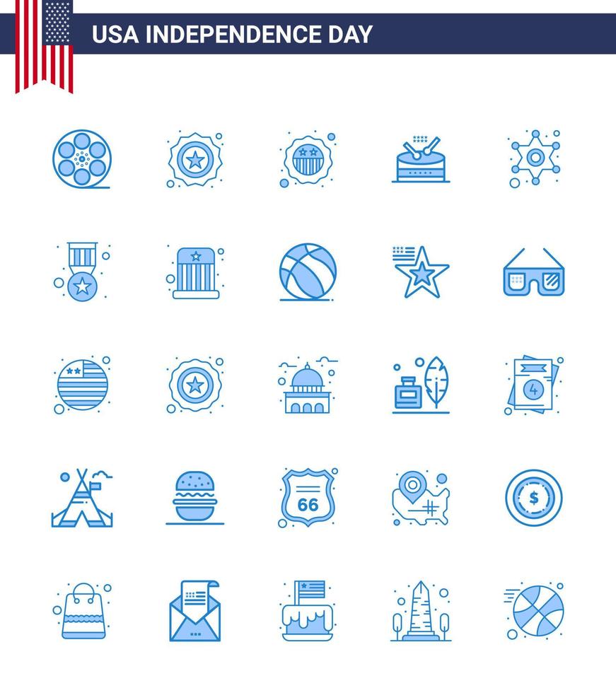 Set of 25 Vector Blues on 4th July USA Independence Day such as badge police sign drum star men Editable USA Day Vector Design Elements