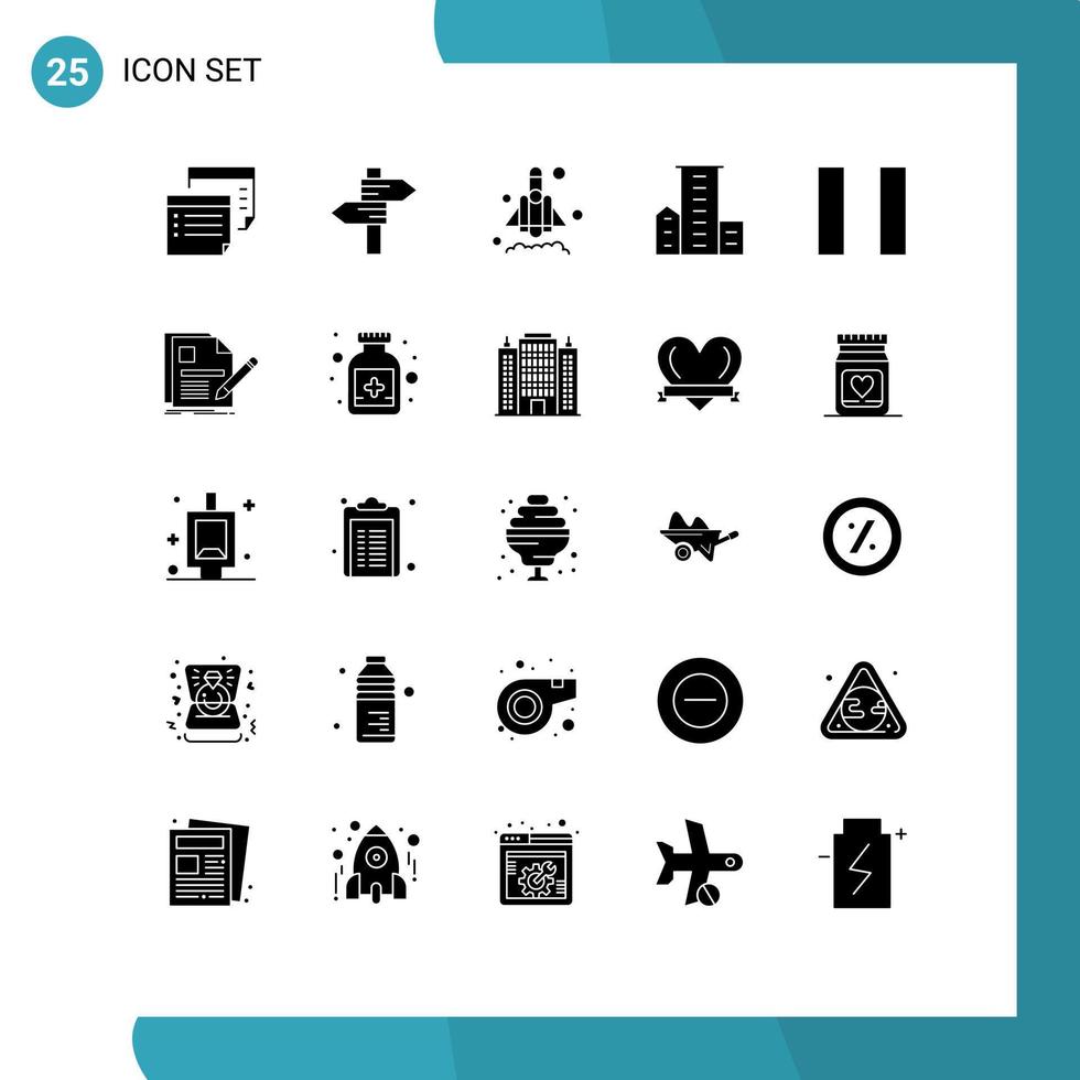 Pack of 25 Modern Solid Glyphs Signs and Symbols for Web Print Media such as pause housing wedding family district Editable Vector Design Elements