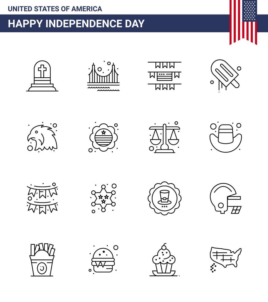 16 USA Line Signs Independence Day Celebration Symbols of bird usa tourism american icecream Editable USA Day Vector Design Elements