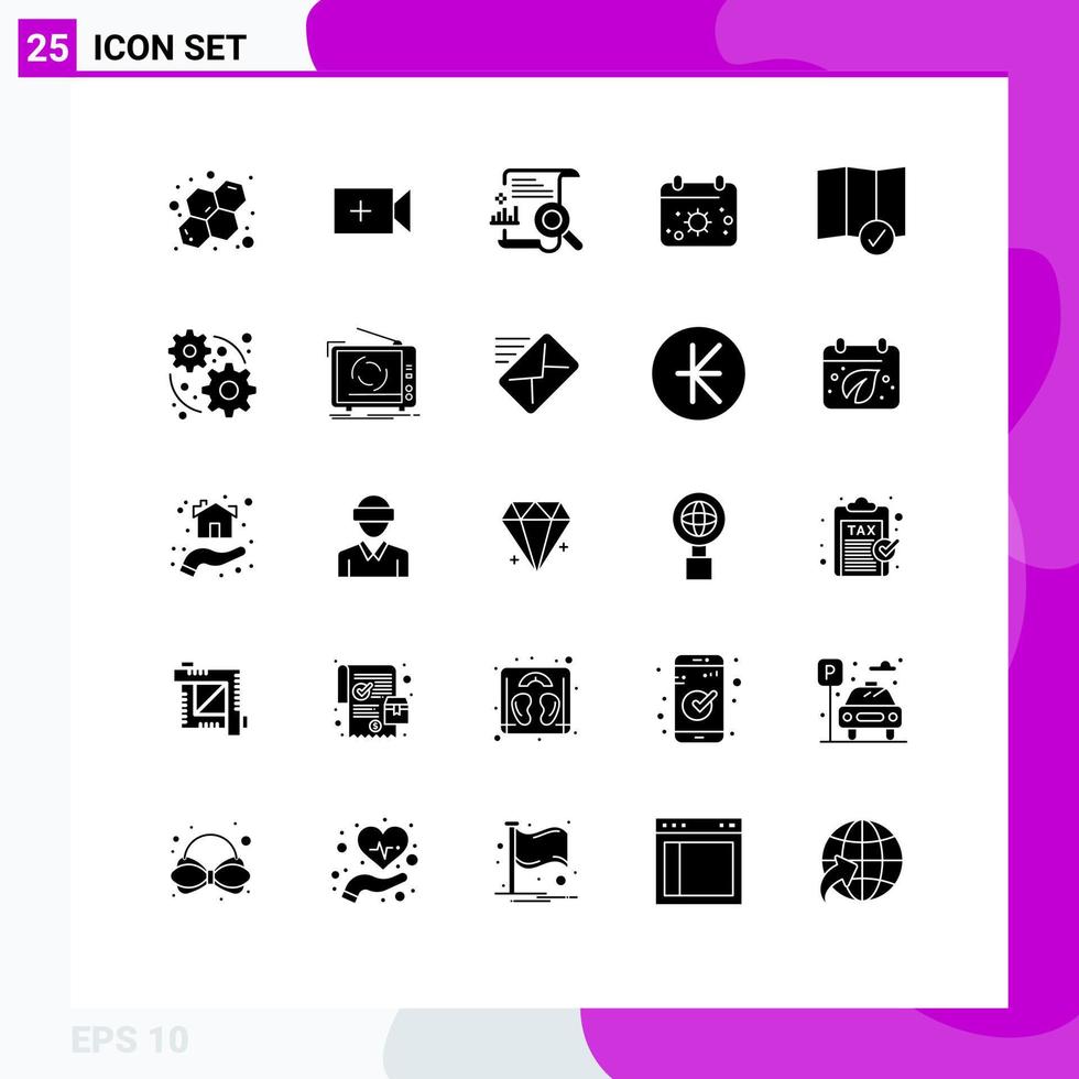 Solid Glyph Pack of 25 Universal Symbols of map check in file sun calender Editable Vector Design Elements
