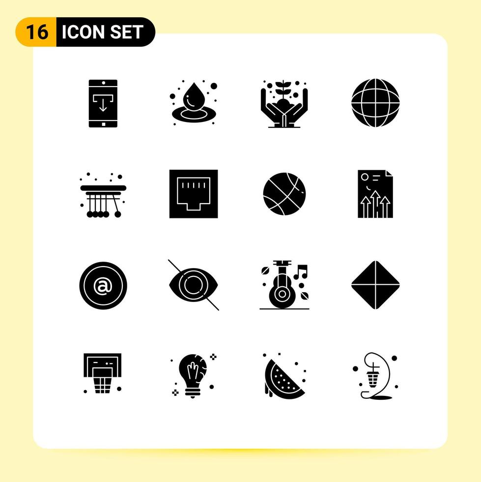 paquete de 16 signos y símbolos de glifos sólidos modernos para medios de impresión web, como el crecimiento de la corona del péndulo, el logro de la tierra, elementos de diseño de vectores editables